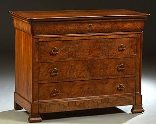 Large French Louis Philippe Carved Walnut Commode, 19th c., the rounded corner top over a frieze drawer and three deep drawers, on black feet, H.- 37 