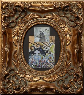 Emerson Bell (1932-2006, Louisiana), "ISHR," 1990, mixed media on paper, signed on left, presented in an ornate gilt frame, H.- 8 in., W.- 5 in., Fram