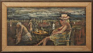 Noel Rockmore (1928-1995, New Orleans), "Coney Island Scene," 20th c., acrylic on board, unsigned, with E. L. Borenstein Collection paperwork attached