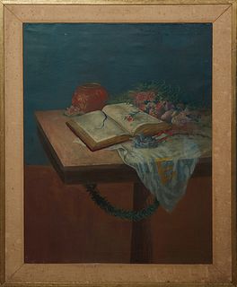 Noel Rockmore (1928-1995, New Orleans), "Still Life/Bible," 1956, oil on canvas, signed and dated upper right, with E. L. Borenstein Collection paperw