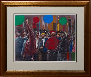 Noel Rockmore (1928-1995, New Orleans), "Bourbon Street During Mardi Gras," 1989, pastel on paper, signed and dated upper right, presented in a gilt f