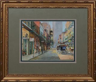 Robert Malcolm Rucker (1932 - 2001, Louisiana), "French Quarter Scene," 20th c., watercolor on paper, signed lower left, presented in a gilt frame, H.