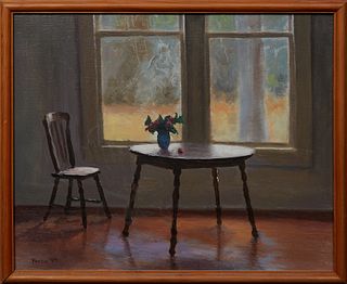 Dennis Perrin (1950-, Kansas/ Louisiana), "Breakfast Table and Chair with Flowers," 1987, oil on canvas, signed and dated lower left, with "LeMieux Ga
