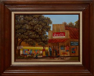 Beth Cummings (American), "Small Town Grocery Store," 1983, oil on board, signed and dated lower left, presented in a wood frame, H.- 11 1/2 in., W.- 