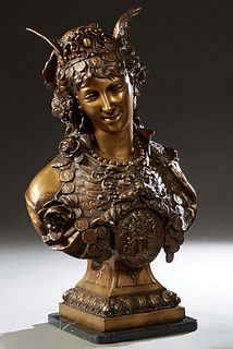 After Arthur Waagen (1869-1910), "Time is Money," Art Nouveau Style Patinated Bronze Bust of a Woman, late 20th c., with a winged tiara, her dress dec