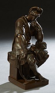 After Michelangelo (1475-1564), "Lorenzo de Medici," late 19th c., patinated bronze, on an integral base inscribed on one side "F. Barbedienne, Fondeu