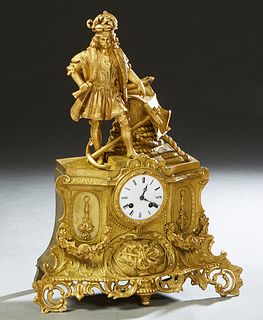 Continental Gilt Bronze Figural Mantel Clock, 19th c., with a surmount of an explorer with a map and a telescope, next to a relief anchor, above an en