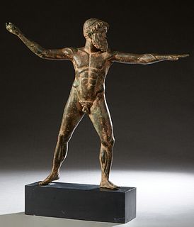 Continental School, "Zeus of Artemis," 20th c., patinated bronze, on an ebonized plinth, after the fifth century BC original, recovered from the sea a