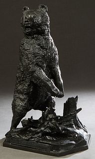 After Nikolai Iwanowitsch Lieberich (1828-1883, Russian), "Standing Siberian Grizzly," c. 1865, patinated bronze sculpture on an integral hexagonal ba