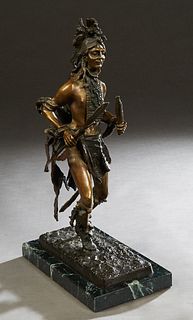 After Frederic Remington (1861-1909), "Running Indian Brave," 20th/21st c., patinated bronze impressed signature to top of one side of the integral ba