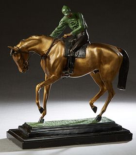 After Isidore Bonheur, "Horse and Jockey," 20th c., patinated bronze, on a stepped rectangular black marble base, H.- 23 1/2 in., W.- 23 in., D.- 9 in