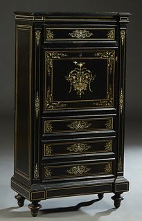 French Ivory Inlaid Ebonized Secretary Abattant, 19th c., with a frieze drawer over a fall front secretary above three deep drawers, on a breakfront p