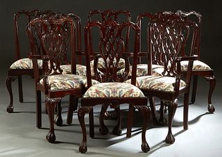 Set of Eight (6 +2) Carved Mahogany Chippendale Style Dining Chairs, 20th c., the serpentine crest rail over a pierced intertwined splat, to a slip se