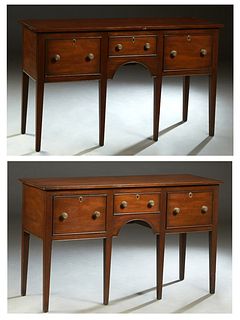 Pair of Kittinger Georgian Style Carved Mahogany Sideboards, 20th c., the rectangular top over a center frieze drawer flanked by two deep drawers, ove