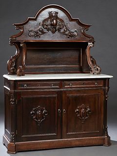 American Victorian Carved Walnut Marble Top Sideboard, c. 1880, the arched back with a high relief egg and leaf carving over a bowfront shelf on scrol