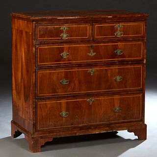 English Inlaid Walnut Queen Anne Style Chest, 19th c., the rounded edge top over two frieze drawers above three deep drawers, on a plinth base on brac