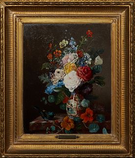 Alexandre Van Antro, "Still Life of Flowers with Butterflies, Dragonfly and Bird," early 20th c., oil on board, signed "A van Antro" lower left, with 