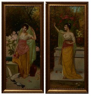 R. Gamann, Pair of Portraits, "Mediterranean Girl in the Garden with Doves," and "Mediterranean Girl Picking Grapes in the Garden," early 20th c., oil