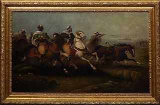 Hugh Bolton Jones (1848-1927, New York/France), "Arabian Horse Battle," late 19th c., oil on canvas, signed lower right, presented in a gilt frame, H.