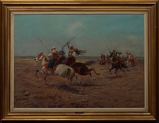 Lewis Berton (American), "Arabian Horse Charge," early 20th c., oil on canvas, signed lower right, with a "Fred Reed" Gallery label en verso, presente