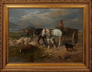 Henry Schouten (1857-1927, Belgian), "Going to the Market," early 20th c., oil on canvas, signed lower right, presented in a gilt frame, H.- 17 1/4 in