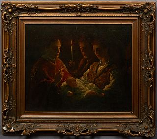 Continental School, "The Christening," 19th c., oil on canvas, possibly signed "J. Hasz Jacik" lower right, presented in a gilt frame, H.- 19 1/2 in.,