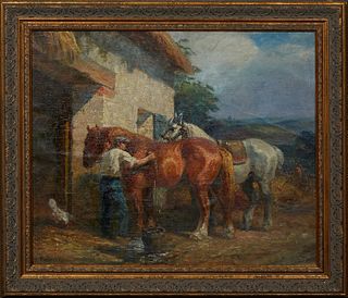 Eugene Pechaubes (1890-1967, French), "Cleaning the Horses," 20th c., oil on canvas laid to board, signed lower left, presented in a gilt frame, H.- 1