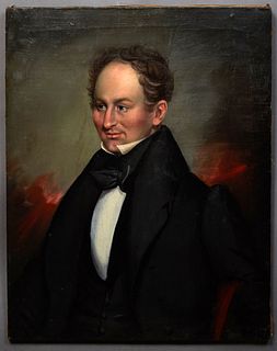 American School, "Possible Portrait of a Calvin Ripley of Saybrook, Connecticut," 19th c., oil on canvas, unsigned, with label naming sitter en verso,
