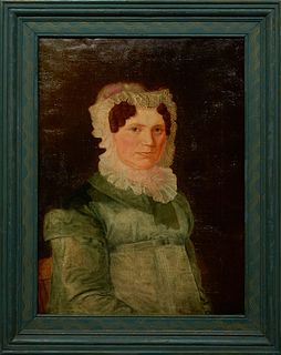 American School, "Portrait of a Lady," 19th c., oil on canvas, unsigned, presented in a green painted frame, H.- 24 1/4 in., W.- 17 5/8 in., Framed H.