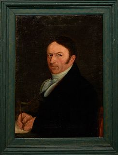 American School, "Portrait of Gentleman," 19th c., oil on canvas, unsigned, presented in a green painted frame, H.- 25 in., W.- 18 1/4 in., Framed H.-