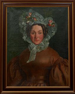 Louisiana School, "Portrait of a Lady in Lace Bonnet," early 19th c., oil on canvas, unsigned, presented in a gilt and wood frame, H.- 28 1/8 in., W.-