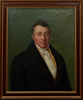 Louisiana School, "Portrait of a Gentleman with Spectacles," early 19th c., oil on canvas, unsigned, presented in a gilt and painted frame, H.- 28 1/4