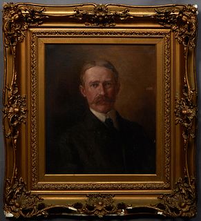 American School, "Portrait of a Gentleman," early 20th c., oil on canvas, initialed indistinctly lower left, presented in a gilt frame, H.- 23 1/2 in.