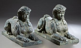 Pair of Large Green Patinated Bronze Garden Sphinxes, 20th c., by the Patima Bronze Co., Thailand, H.- 30 in., W.- 541 in., D.- 18 in. Provenance: Pal