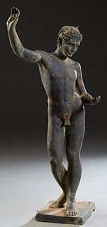 Patinated Bronze Figure, 20th c., of a classical nude male, on a integrated square base, H.- 53 in., W.- 20 in., D.- 25 in. Provenance: Palmira, the E