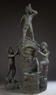 Large Patinated Bronze Figural Group, 20th c., of three putti and a wine cask with grapes, H.- 89 in., W.- 54 in., D.- 44 in. Provenance: Palmira, the