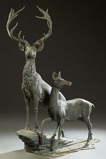 Patinated Bronze Figural Group, 20th c., of a stag and fawn, on an integral "rocky" base, H.- 68 in., W.- 42 in., D.- 30 in. Provenance: Palmira, the 