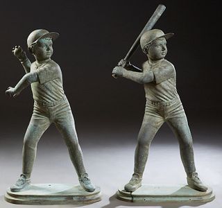 Pair of Patinated Bronze Figures, 20th c., of a boy pitcher and batter, on an integral stepped oval base, Batter- H.- 52 in., W.- 26 in., D.- 16 in. P