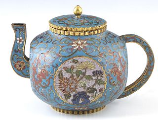 Diminutive Chinese Square Cloisonne Teapot, 19th c, the underside with an incised chop mark, H.- 4 1/8 in., W.- 5 3/4 in., D.- 3 1/2 in.