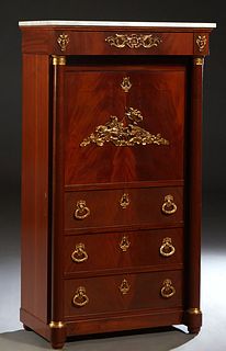French Empire Style Ormolu Mounted Carved Walnut Marble Top Secretary Abattant, 20th c., the figured white marble over a frieze drawer above a setback