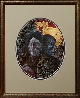 Noel Rockmore (1928-1995, New Orleans), "Portrait of Gypsy Lou and Old Man," 20th c., mixed media on paper, presented in a wood frame, H.- 9 in., W.