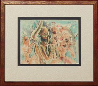 Noel Rockmore (1928-1995, New Orleans), "The Orgy," 1989, ink and watercolor on paper, signed and dated upper right corner, presented in a wood frame,