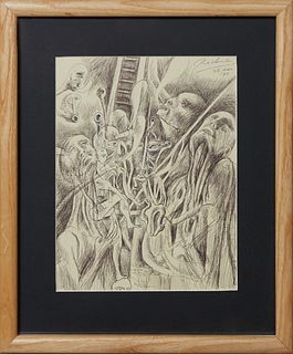 Noel Rockmore (1928-1995, New York/New Orleans), "Lost Souls," c. 1990, pen and ink on paper, signed and dated upper right corner, presented in a wood