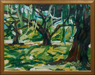James Mouton (1925-2011, New Orleans), "Oak Trees," 20th c., oil on canvas board, signed lower left, H.- 17 1/2 in., W.- 23 1/4 in., Framed H.- 20 in.