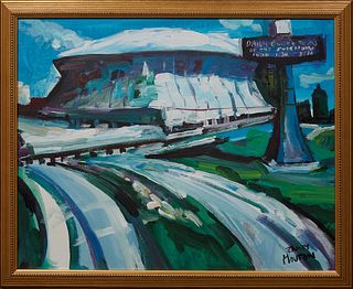 James Mouton (1925-2011, American/New Orleans), "New Orleans Superdome," 20th c., acrylic on canvas board, signed lower right, presented in a gilt fra