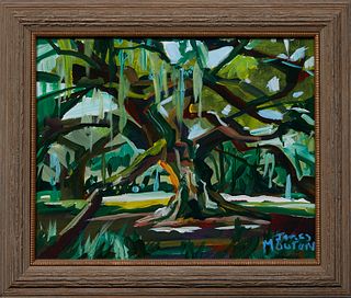 James Mouton (1925-2011, American/New Orleans), "Oak Tree," 20th c., acrylic on mat board, signed lower right, with artist information en verso, prese
