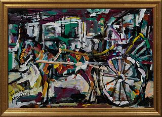 James Mouton (1925-2011, American/New Orleans), "Milk Wagon and Mule," 20th c., acrylic on mat board, signed lower left, with title and artist informa