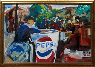 James Mouton (1925-2011, American/New Orleans), "Pepsi," 20th c., acrylic on mat board, signed lower left, presented in a gilt frame, H.- 12 1/2 in., 