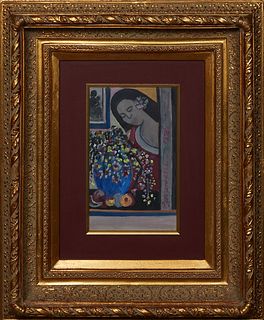Emerson Bell (1932-2006, Louisiana), "Woman with Bouquet of Flowers," 1978, tempera on paper, signed and dated on right, presented in a gilt frame, H.