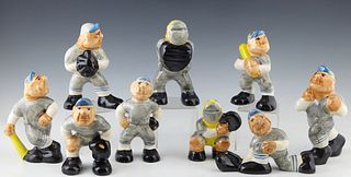 Nine Shearwater Pottery Baseball Players, 2003, consisting of a pitcher, catcher, umpire, three basemen, two batters, and a runner, unmarked, each ins